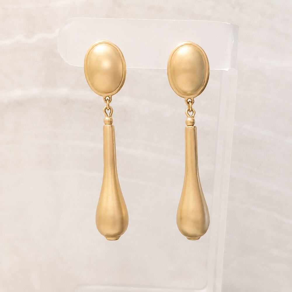 Vintage Clip On Earrings Matte Gold Tone Stylish Extra Long 2 & 5/8" Statement